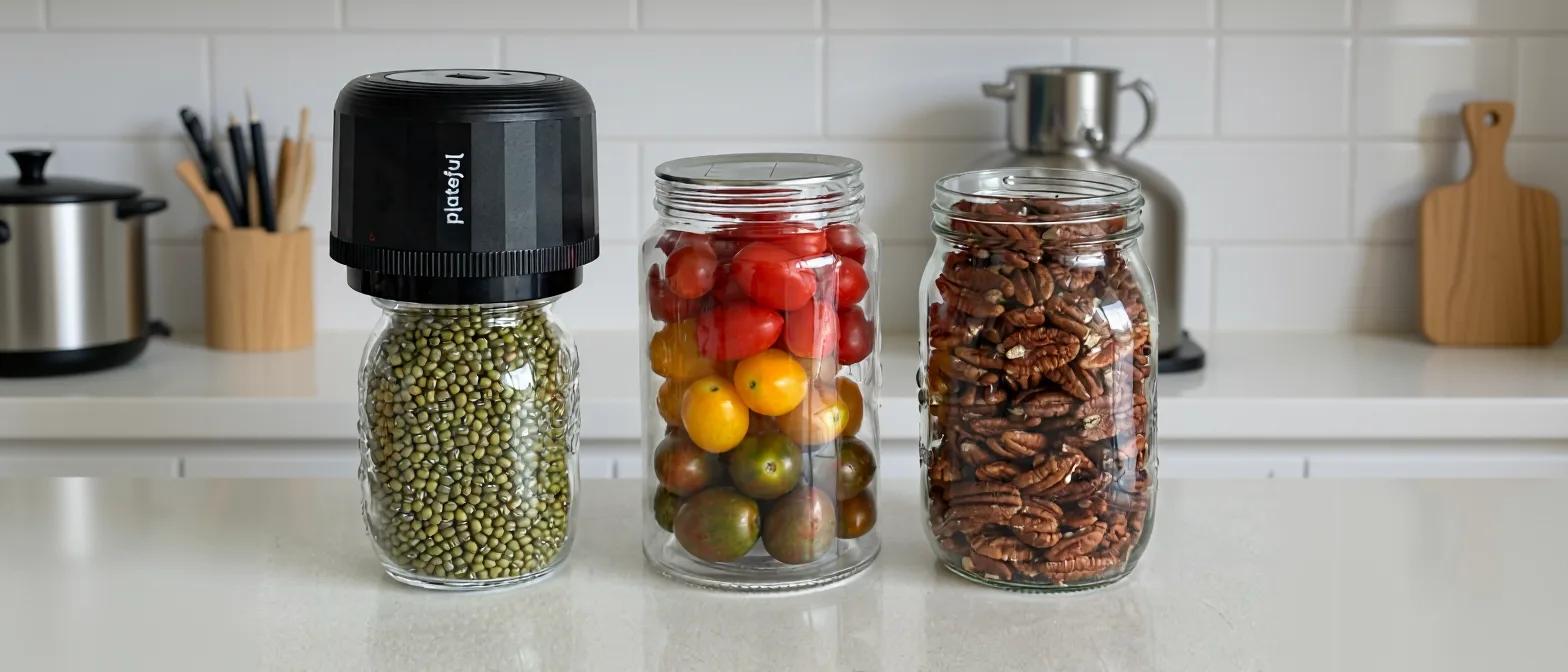 Three jars on a kitchen counter containing beans, tomatoes, and pecans, with one jar sealed using a Plateful vacuum lid.